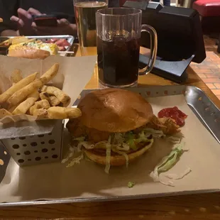 Fries, Big Mouth Crispy Chicken Sandwich, Dr Pepper
