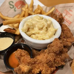 Chicken tenders with fries and mac n cheese