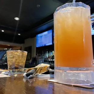 Jack and Coke and a strawberry lemonade.