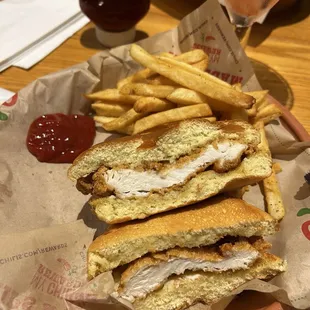 The chicken sandwich &amp; fries from the $10.99, 3 for me menu.  $6 margarita not included.  12/2024