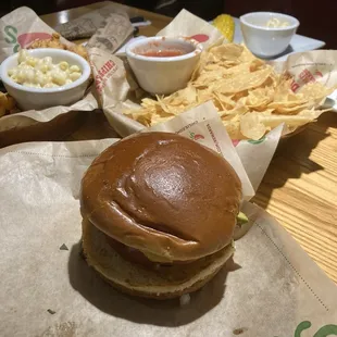 Alex Santa Fe burger, chicken strips, and a special guest (corn).
