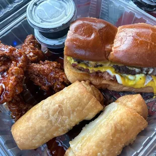 This is the Triple Dipper. Crispy honey chipotle chicken crispers, big mouth bites, and southwestern egg rolls.  My favorite!!