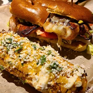 Bacon Avocado Grilled Chicken Sandwich ($13.39) with side of roasted street corn for $1 more