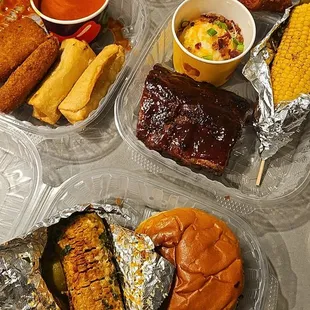 Triple Dipper Southwestern Eggrolls Nashville Hot Mozz - Small Fried Mozzarella - Small Big Smasher Burger Half Order of Ribs