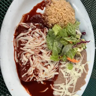 2 cheese enchiladas with rice, beans and salad