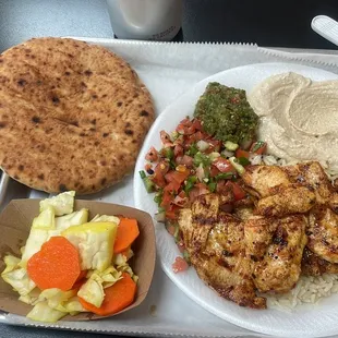 Chicken Shish Kebab Plate, Hummus, Pita, Carrots with cabbage , carrots with jalapeño. SO GOOD.