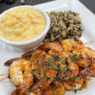 Shrimp Skewers with Mac and rice