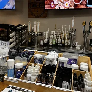  counter with a variety of products