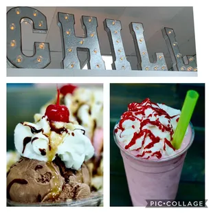 ice cream, milkshake, and a cherry