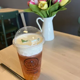 Draco mango w/mango popping boba &amp; cream cheese foam