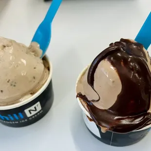 Base: Chocolate Ice Cream Mix ins: Cookie Dough, Waffle Cone, &amp; hot fudge