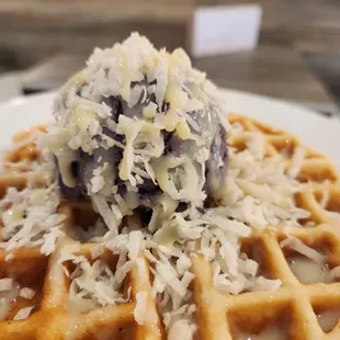 Our Belgian waffle with condensed milk,  our Will Ube Mine dairy-free ice cream and sweet coconut.... mmmmmmmm