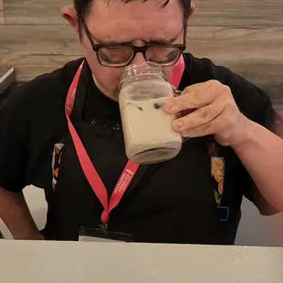 The Boss Alex at it again.  Taste testing our new Iced White Chocolate Latte with coffee ice cubes.