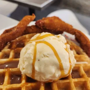 Our chicken,  ice cream and waffles...