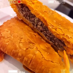 A tasty Jamaican Beef Patty in a delicious, flaky pastry.