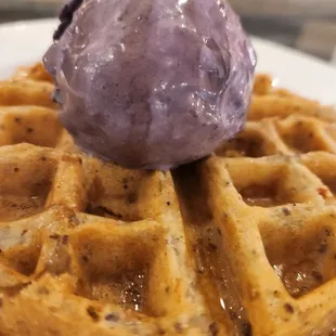 Gluten-free, Vegan waffle with pure maple syrup topped with our beloved Will Ube Mine Ice Cream...