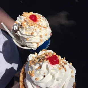 Brownie and strawberry sundae. Just what we needed on a hot summer day. Delicious