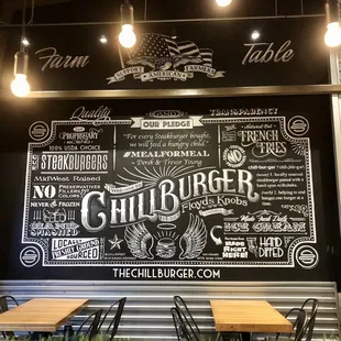 a chalkboard menu on the wall of a restaurant