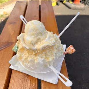 Shave ice with vanilla ice cream lilikoi, lychee and coconut!