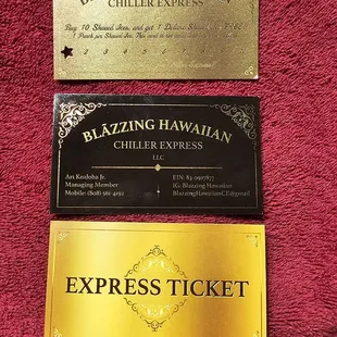 Remember to get a Loyalty Card! The Business Card is in the middle. The train theme is cool!