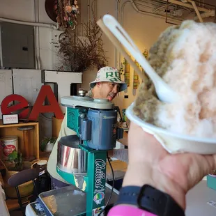 My selection of shave ice flavors: matcha, hojicha, and strawberry milk
