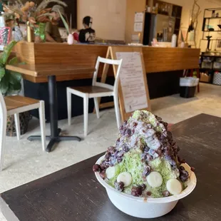 Uji Kintoki ($9): matcha syrup by Daily Whisk Matcha, vanilla ice cream, azuki, mochi, and condensed milk.