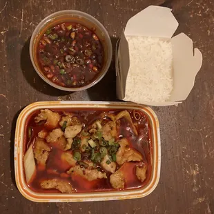 Catfish fillet in mixed Sichuan hotpot sauce &amp; tender tofu w. Sichuan pickles...amazing food