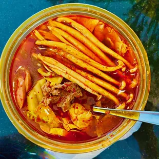 S 01- instant boil hot pot 67oz. sausage (hot dog), beef, chicken, potato, tofu, cabbage, mushroom, rice