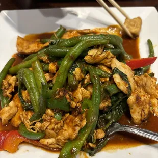 a plate of stir fried green beans and chicken