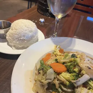 Stir fry veggies and tofu with a side of jasmine rice.