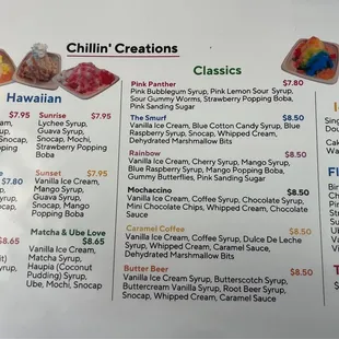 Menu of shaved ice creations and ice cream