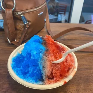  bowl of blue and red ice
