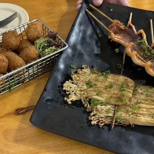 Hush puppies, squid skewer, and enoki mushroom skewer (my favorite!)
