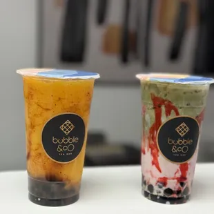 Mangotaj and strawberry matcha milk tea