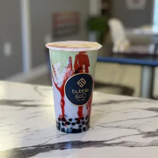 Strawberry Matcha Latte with Tapioca ( Black Pearl) Boba