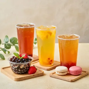 Rose Peach Lychee Fruit Tea and Mango Passionfruit Tea and Strawberry Fruit Tea with bubble tea