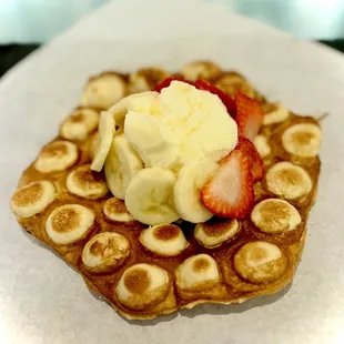 Original Waffle with vanilla ice cream and strawberries and bananas