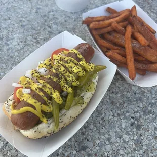 Chicago dog and sweet potato fries
