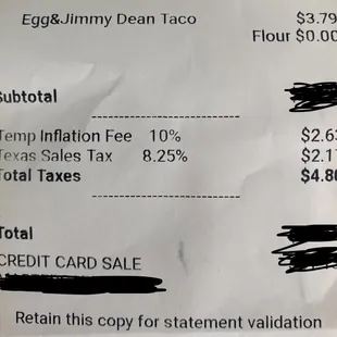 a receipt for a restaurant