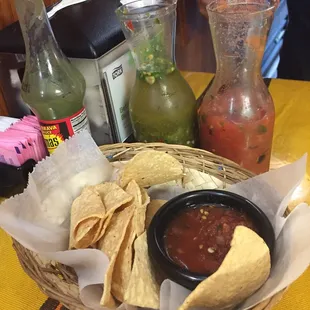 Complimentary chips and salsa (with both red and green salsas)