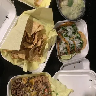 Chic quesadilla, Birria tacos, chic bowl, carne asada fries, chips