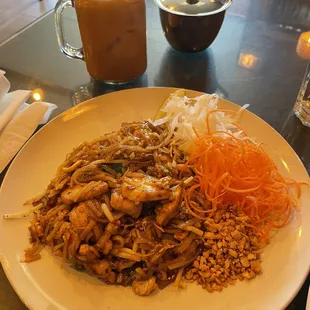 Pad Thai with chicken, and a Thai iced tea