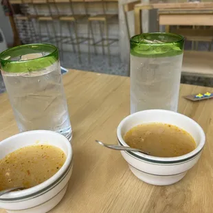Complimentary soup and water