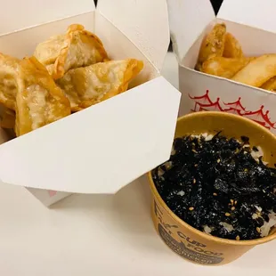 Potstickers, potato wedges, and "rice king"