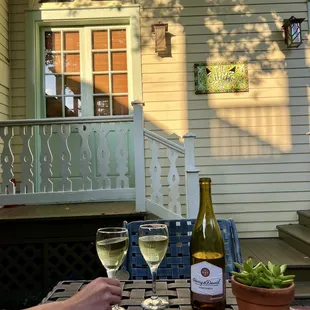 Wine before our dinner reservations in The Chimes courtyard!