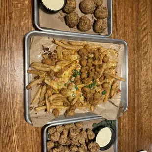 Crawfish fries, fried alligator, boudin balls