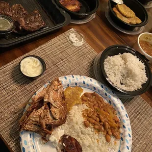 Red snapper, churrasco steak, tostones, rice and beans