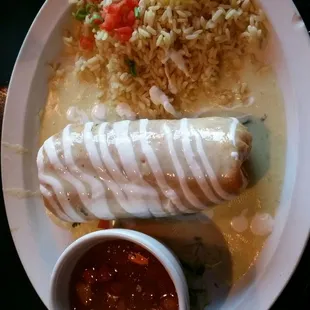 Fajita Chicken Chimichanga w/ rice and borracho beans