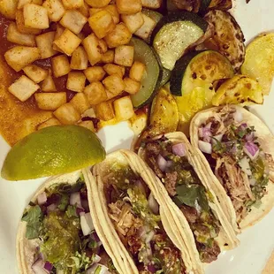 Street tacos, grilled veggies and potatoes