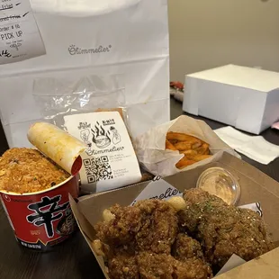 Kimchi Fried Rice, honey butter K-Fried Chicken Half, fries
